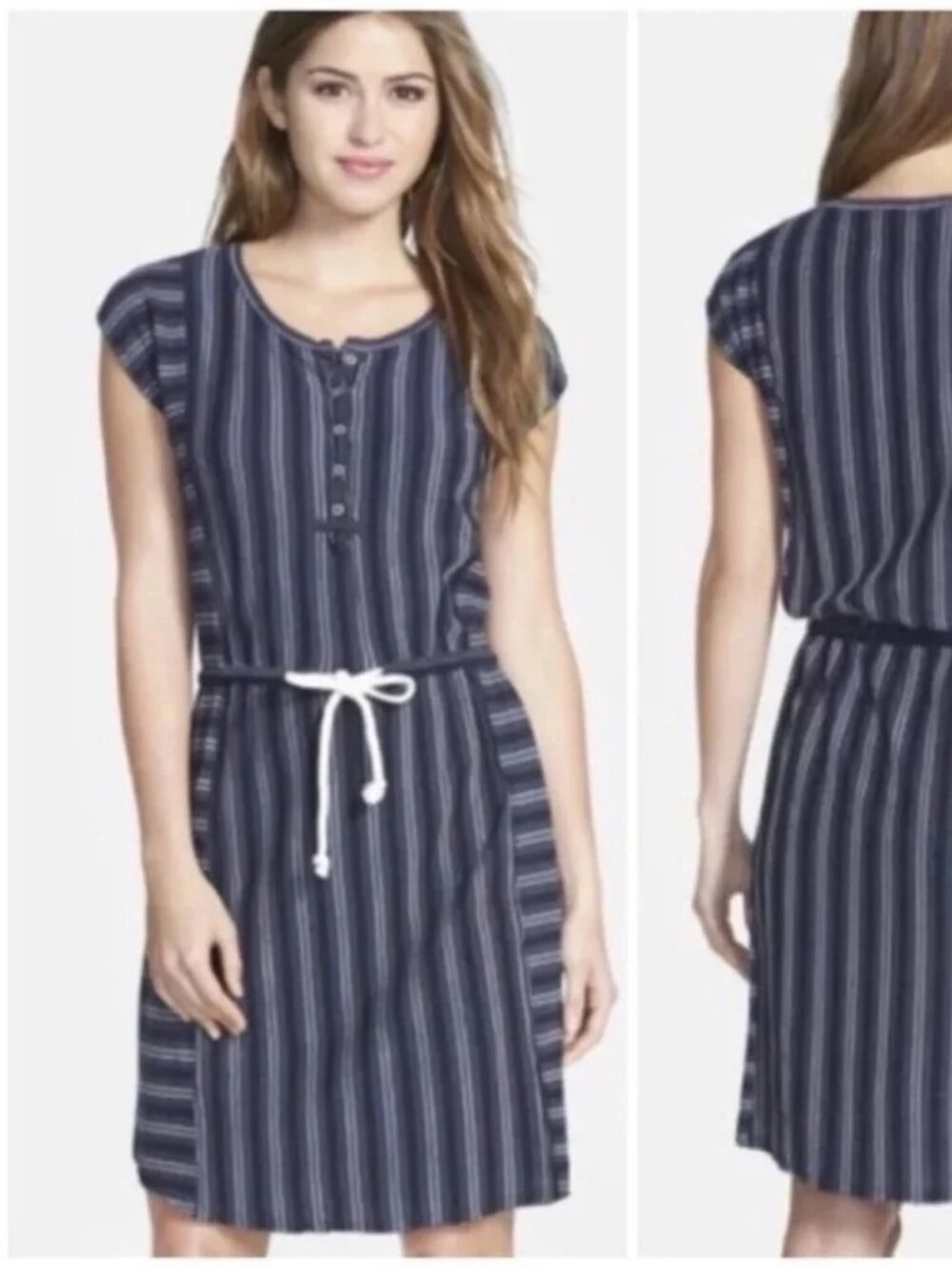 Lucky Brand Size L Lotus Navy & White Stripe Drawstring Waist Dress